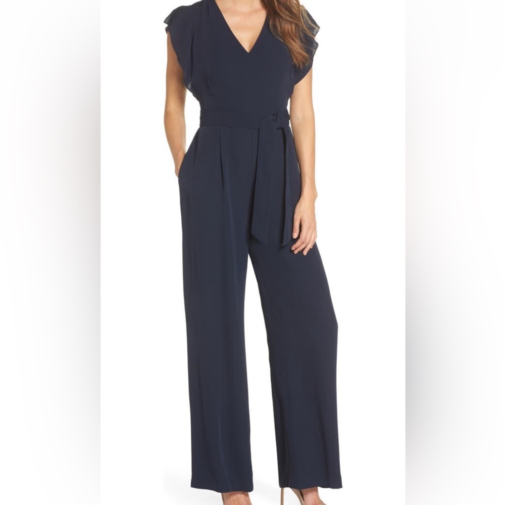 Eliza J | Flutter Sleeve Crepe Pleated Wide Leg Belted Jumpsuit in Black Sz. 18